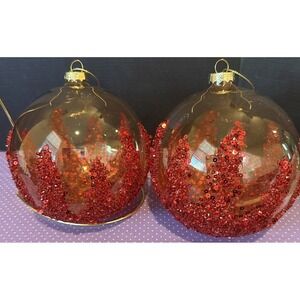 Red Jumbo Embellished Clear Glass Ball Christmas Holiday Tree Ornaments 2‎